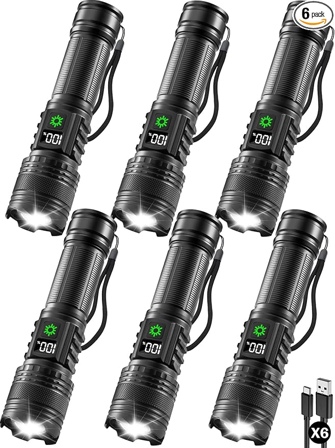 6Pack Rechargeable Flashlights High Lumens, LED Flashlight Rechargeable with LCD Digital Display, 5Modes Adjustable Flash Light, Super Bright Flashlight Powerful, Tactical Flashlights for Home