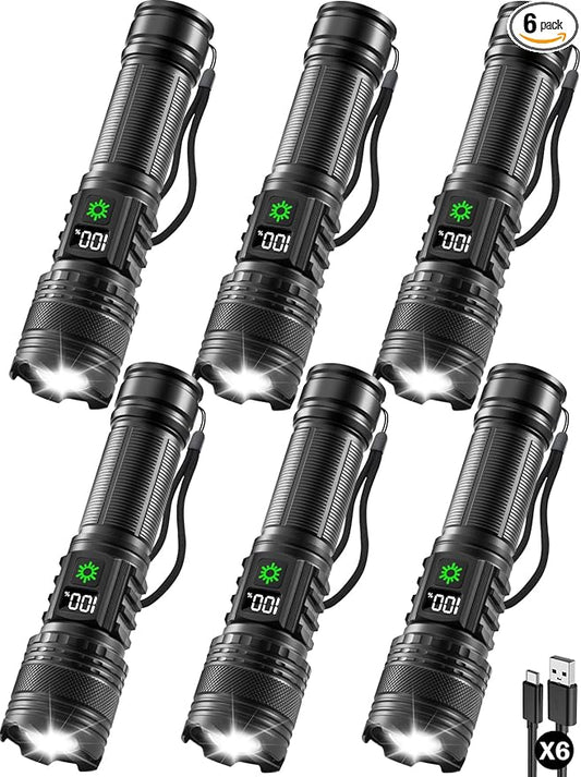 6Pack Rechargeable Flashlights High Lumens, LED Flashlight Rechargeable with LCD Digital Display, 5Modes Adjustable Flash Light, Super Bright Flashlight Powerful, Tactical Flashlights for Home