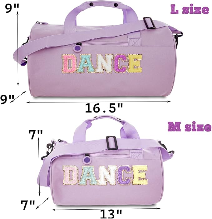 Large Size Dance Bag for Girls Kids Toddler Teens,Purple Ballet Gym Bag with Plush Chenille "DANCE" Letters,Sport Duffle Gym bag for Ballet Class, Sports & Practice 16.5"Lx9"Wx9"H