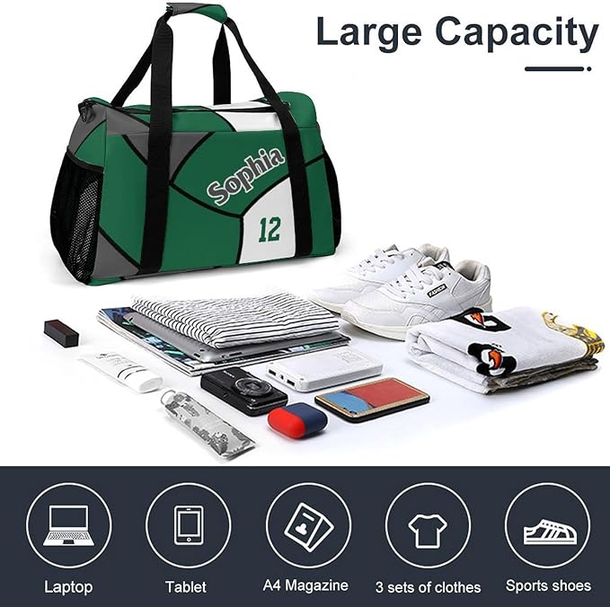 Custom Volleyball Green Duffel Bag with Name Personalized Travel Bags Sport Gym Bag Carry On Weekender Bags for Men Women