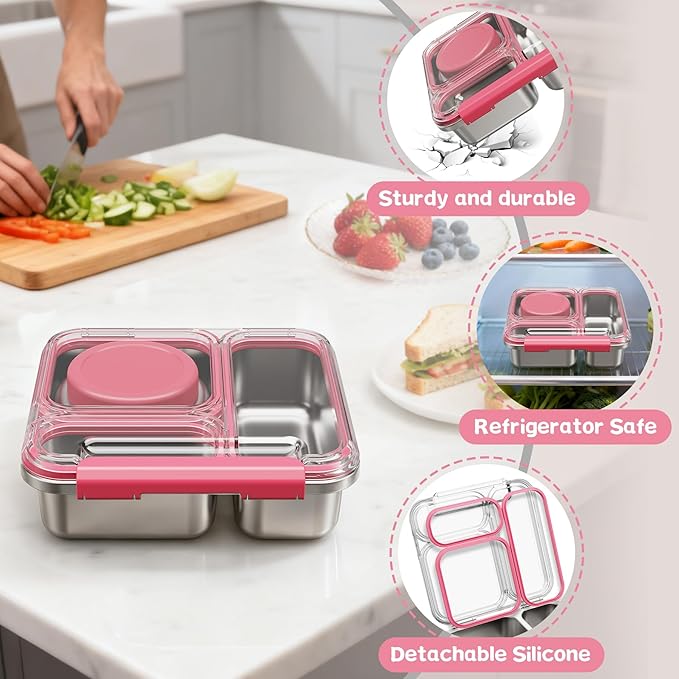 Stainless Steel Bento Box Kids Adult with 7oz Insulated Food Jar, Transparent Lid Metal Lunch Box With Soup Thermal Jar, Lunch Box Container with Removable Divider & Sauce Cup School (Pink)