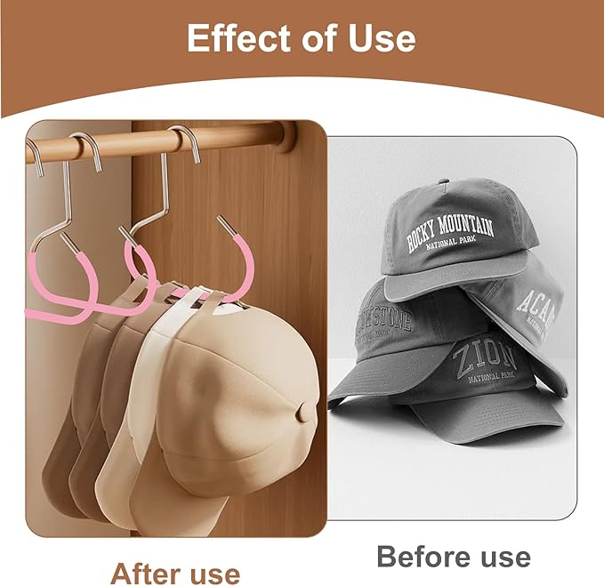 6 Pcs Hat Organizer for Baseball Caps, Heavy-Duty Metal Closet Cap Rack Holder for Space-Saving, Cap Organizer for Baseball Caps, Beanies, Belts, Purses (Pink)