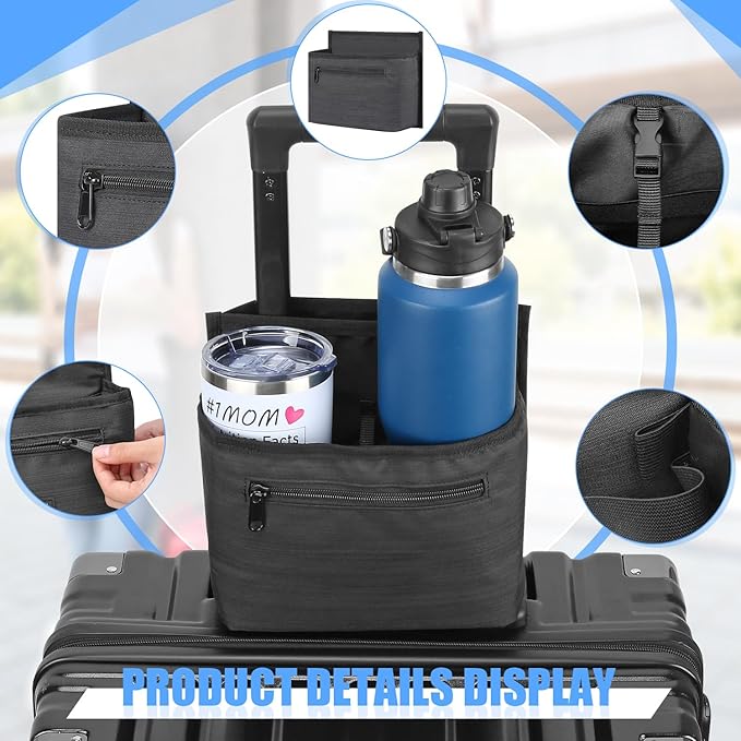 Luggage Travel Cup Holder Attachment for Suitcase Drink Carrier Caddy, Coffee Mug and Tumblers, Traveler Carry on Hands Free Accessory- Gifts for Flight Attendants Travelers Accessories- Black