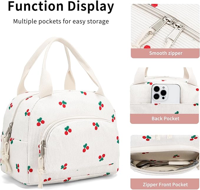 Lunch Bag Women Lunch Box for Women Adult Cute Insulated Lunch Bag Small Cooler Lunch Tote Bags for Work Picnic School (Beige-Cherry)