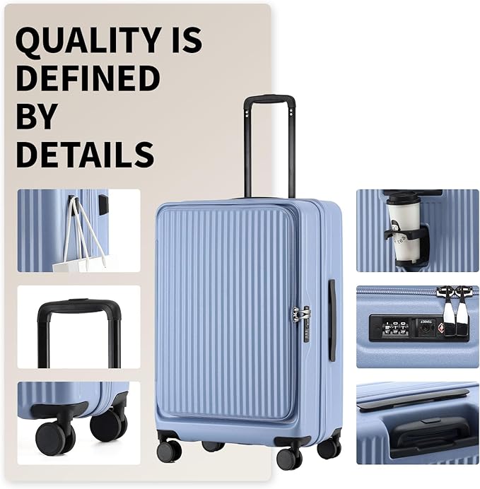 26 Inch Top Opening Expandable Checked Travel Luggage with Spinner Wheels,All PC Hard Shell Hardside Lightweight Medium Suitcase with TSA Approved Cup Holder for Business Trips Woman Men,Blue