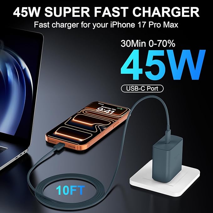 Phone 17 16 Pro Max Charger Fast Charging, 45W USB C Phone 17 16 Super Fast Charger Block with 10ft Long Type C Charging Cable Cord for i.Phone 17 Pro Max/17 Pro/17 Air/17/16/16Pro/16 ProMax-Navy blue