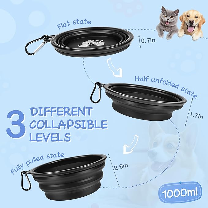 Portable Dog Bowls 2 Pack - Collapsible Silicone Travel Dog Bowls for Small, Medium & Large Dogs, Foldable Outdoor Bowl with Clip, Lightweight for Hiking Camping Backpacking（Large）