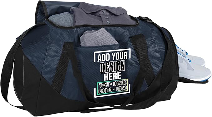 Personalized Duffel Bag with Custom Text or Logo – Large Sports & Travel Gym Bag – Customizable Team, Sport, Fitness, or Corporate Logo Bag (Navy/Black)
