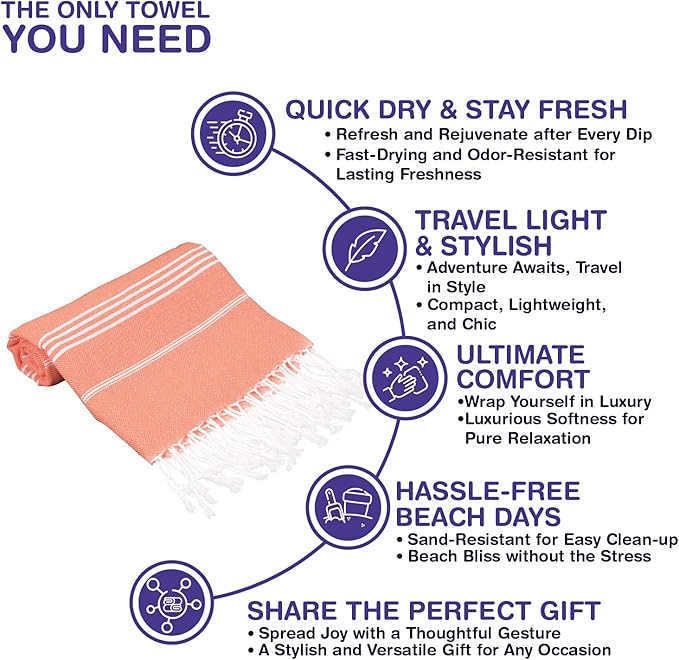 Turkish Beach Towels, Pack of 6 | Oversized, Quick Dry, Sand Free | 100% Cotton, Large 38x71 Towels for Beach, Pool, Travel | Ultra-Soft, Compact, and Absorbent | Orange