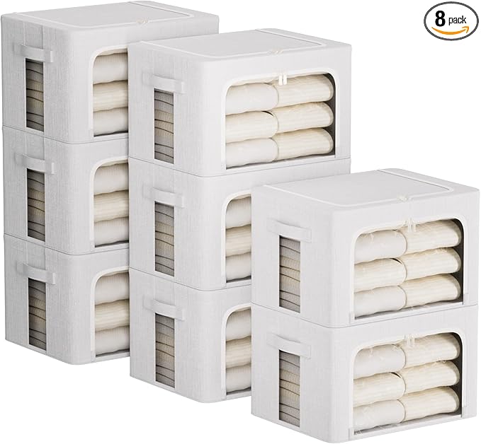 FHSQX 8 Pack Clothes Storage Bins - Foldable Storage Bins for Clothes Fabric Storage Box with Metal Frame (Cream White, 15.7x11.8x9.8 inch)