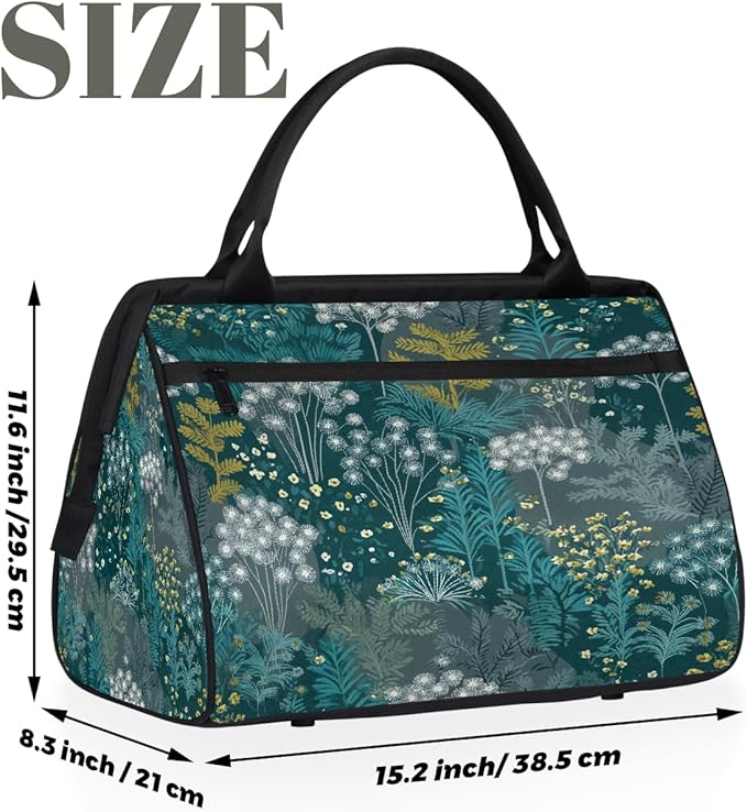 Teal Green Plant Pattern Overnight Weekender Bags for Women Men, Waterproof Travel Carry On Duffel Bag, Lightweight Sports Gym Bag for Fitness, Workout, Travel