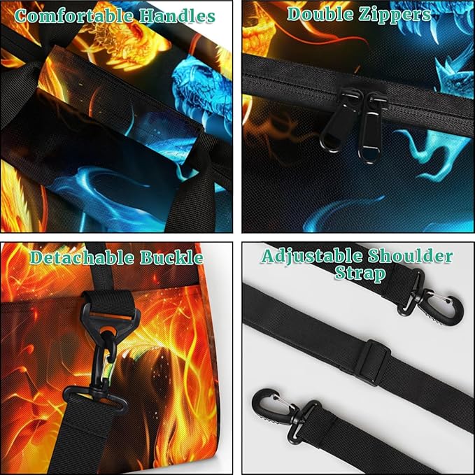 Custom Name Fire and Ice Dragon Boys Gym Travel Duffle Bag with Front Zipper Pocket Personalized Sport Bag for Overnight, Weekender, Carry On,Workout & Dance, 18.9 * 8.7 * 10.6 in