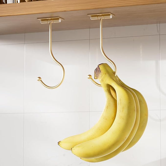 Modern Banana Hanger Hook Under Cabinet: Adhesive Banana Holder, Foldable with Magnets When Not in Use, Under Counter Banana Hook, Stainless, Hold 13 LB, Gold, 2 Pack