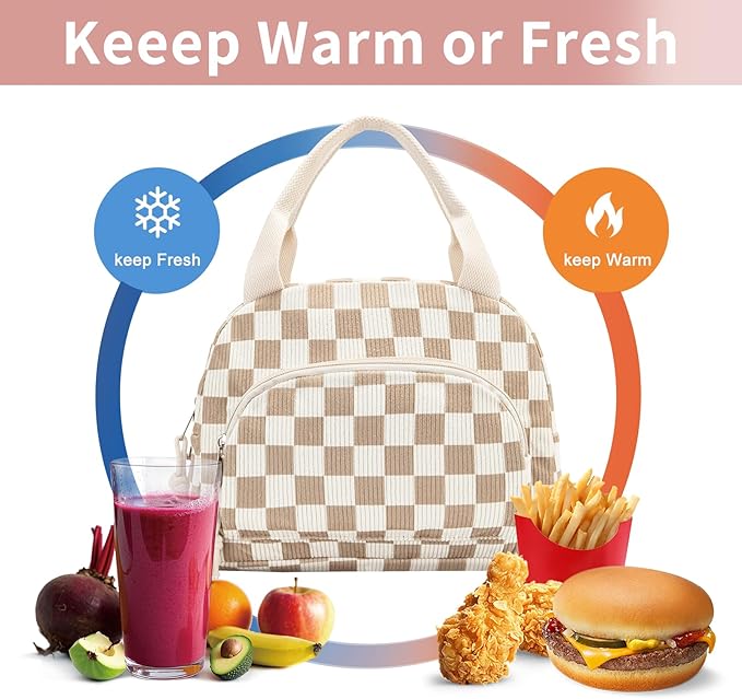 Lunch Bag Women Lunch Box for Women Adult Cute Insulated Lunch Bag Small Cooler Lunch Tote Bags for Work Picnic School (Beige-Brown Plaid)