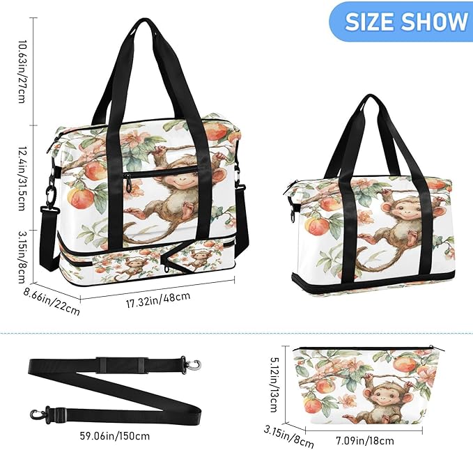 Travel Duffel Bags for Women Watercolor Monkey with Peach & Flower Sports Duffel Bags Gym Bags with Shoes Compartment Tote Bag Weekender Bag for Travelling