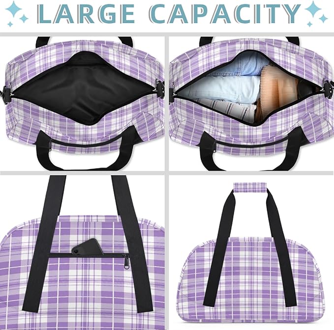 Purple White Plaid Pattern Sports Duffel Bags, Water-Resistant Gym Duffle Bag for Men Women, Lightweight Weekender Overnight Bag for Fitness, Workout, Travel