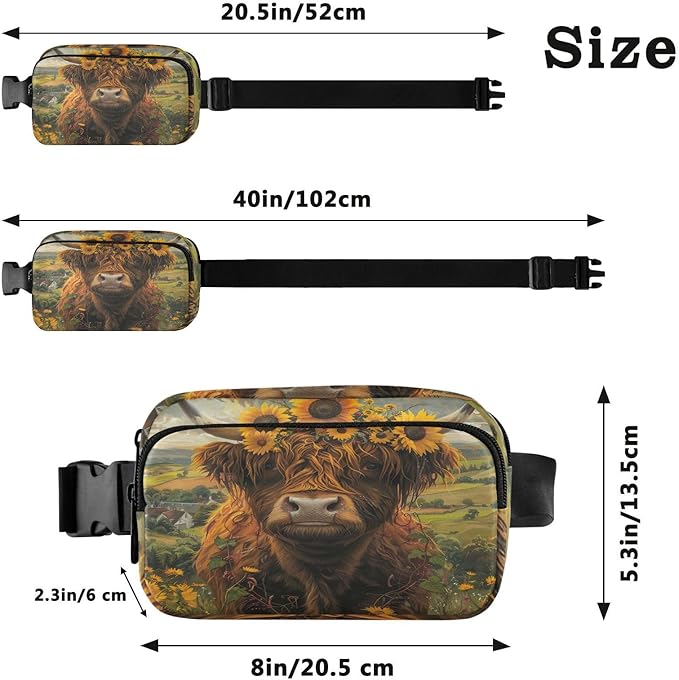 Highland Cow Sunflowers Fanny Pack for Women Men Water Resistant Fashion Waist Packs with Adjustable Strap Belt Bag for Travel Workout Jogging Hiking 21220118