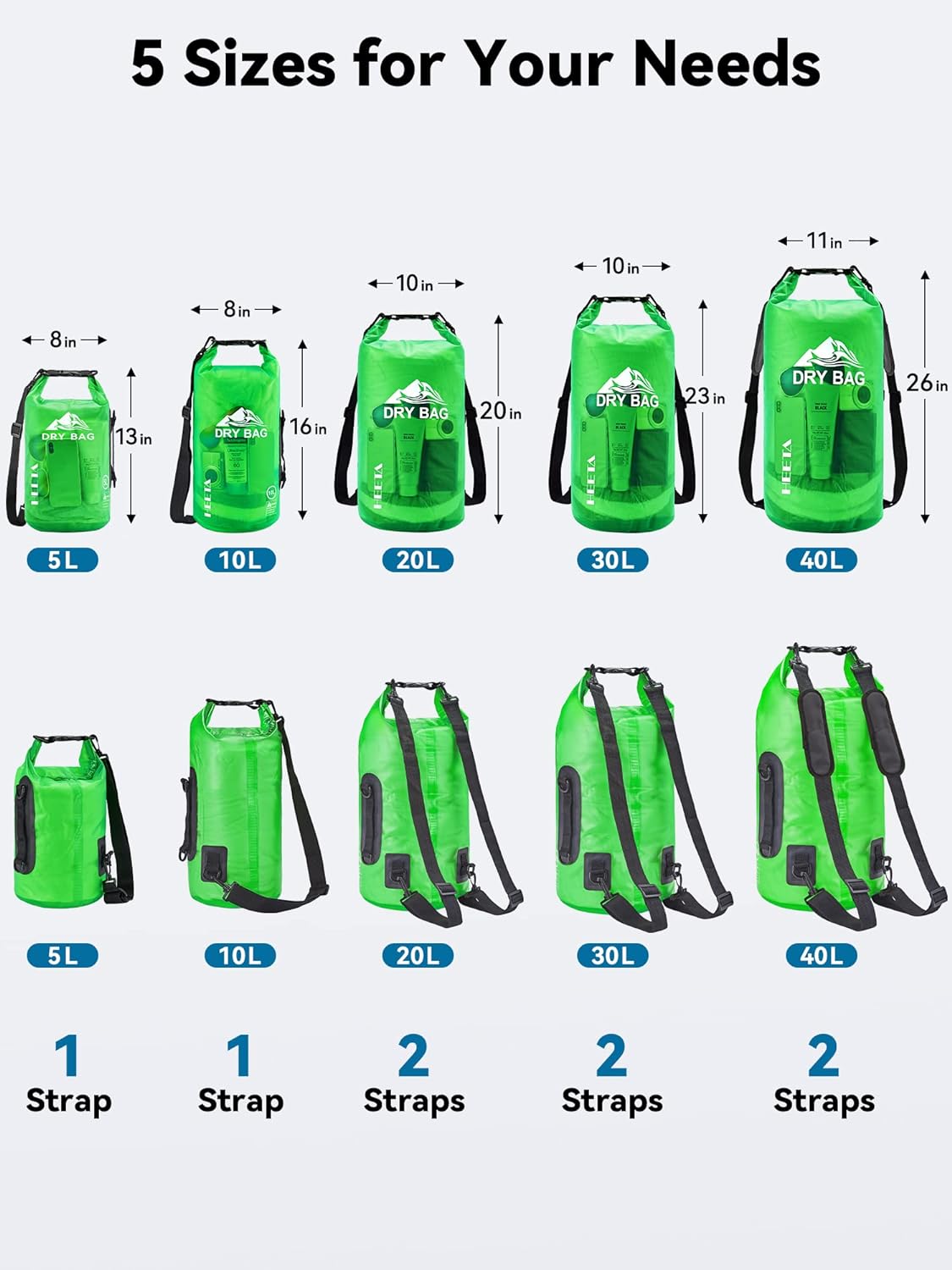 HEETA Dry Bag Waterproof for Women Men, 5L/10L/20L/30L/40L Roll Top Lightweight Dry Storage Bag Backpack with Phone Case for Travel Swimming Boating Kayaking Paddle Board Camping Beach Accessories