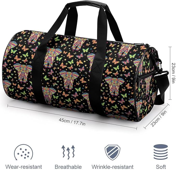 Foldable Gym Bag Elephant Butterfly Art Lightweight Travel Sports Bag Carry On Weekender Overnight Bags Beach Yoga Bags