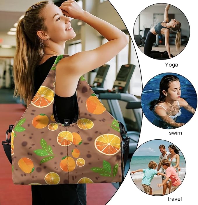 Orange Print Travel Duffel Bags for Women with Yoga Mat Strap, Lightweight Brown Gym Bag with Shoe Compartment Wet Pocket Fitness Stylish Sport Tote Bag