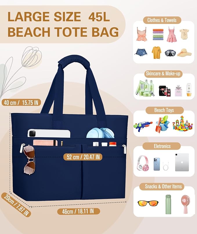 HUANLANG Large Beach Bags for Women Pool Bag with Zipper, Waterproof Sandproof Beach Tote Travel Bag with Wet Pocket | Waterproof, Large capacity, Dry/wet separation, Durable fabric, Cooling function, sandproof