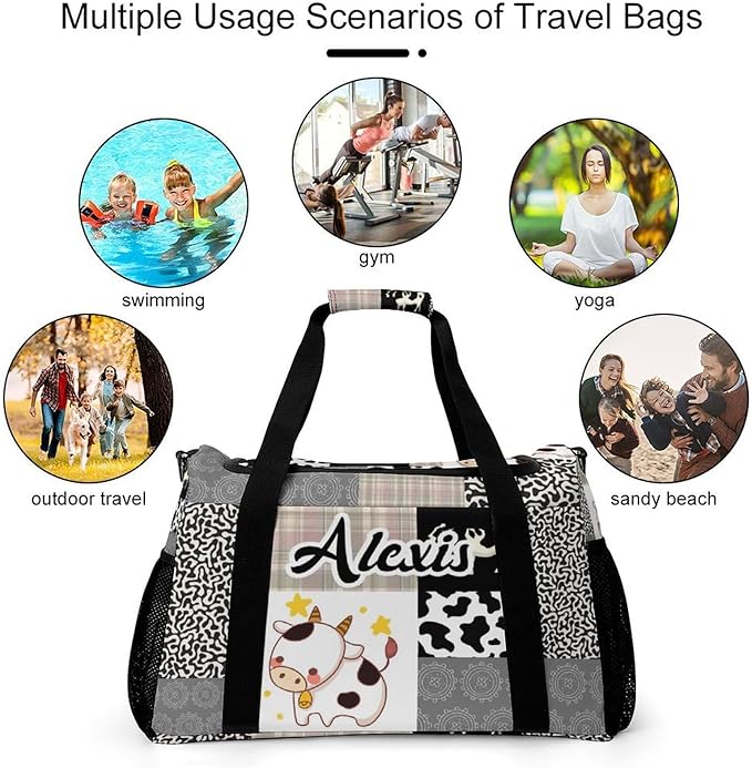 Travel Bag Khaki Gray Plaid Lattice Cow Customized Duffel Bags Weekender Overnight Bag Personalized Gift Adjustable Detachable Shoulder Strap Packs
