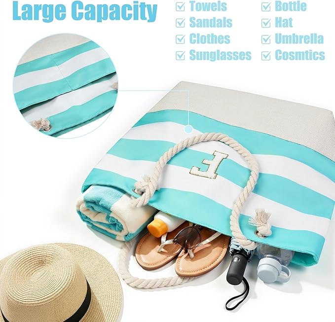 Vavabox Initial Beach Tote Bag for Women, Water-resistant Foldable Travel Beach Bag Set, Birthday Gifts for Women Mom