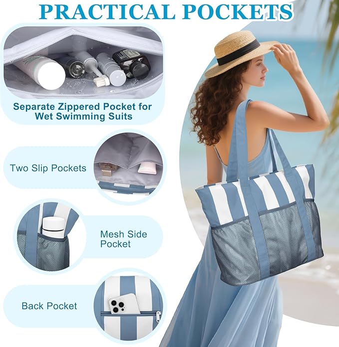 VASCHY Beach Bag for Women, Foldable Waterproof Sandproof Beach Tote with Zipper/Mesh Pockets for Vocation/Cruise/Gym/Travel