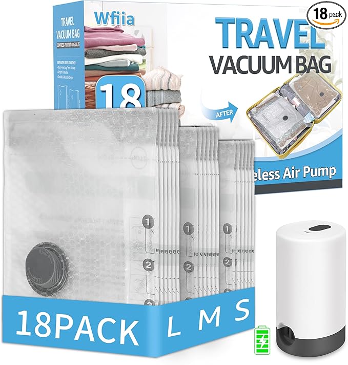 Vacuum Bags for Travel with Rechargeable Pump, 3 Sizes Vacuum Seal Bags for Clothing, Compression Vacuum Travel Bags for Luggage, Vacuum Packing Bags for Closet Organization (18)