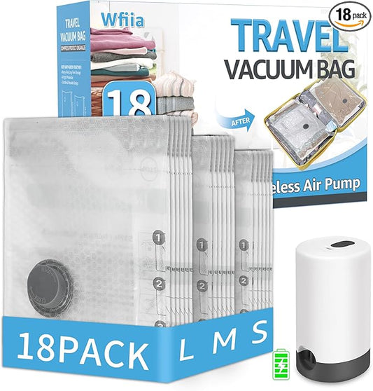 Vacuum Bags for Travel with Rechargeable Pump, 3 Sizes Vacuum Seal Bags for Clothing, Compression Vacuum Travel Bags for Luggage, Vacuum Packing Bags for Closet Organization (18)