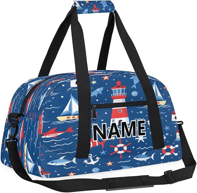 Nautical Coastal Mini Gym Bag 18 inch for Women Men Waterproof Custom Fish Ship Lighthouse Travel Duffel Bag Carry On Overnight Tote Nurse Bag for Work Fitness Hiking