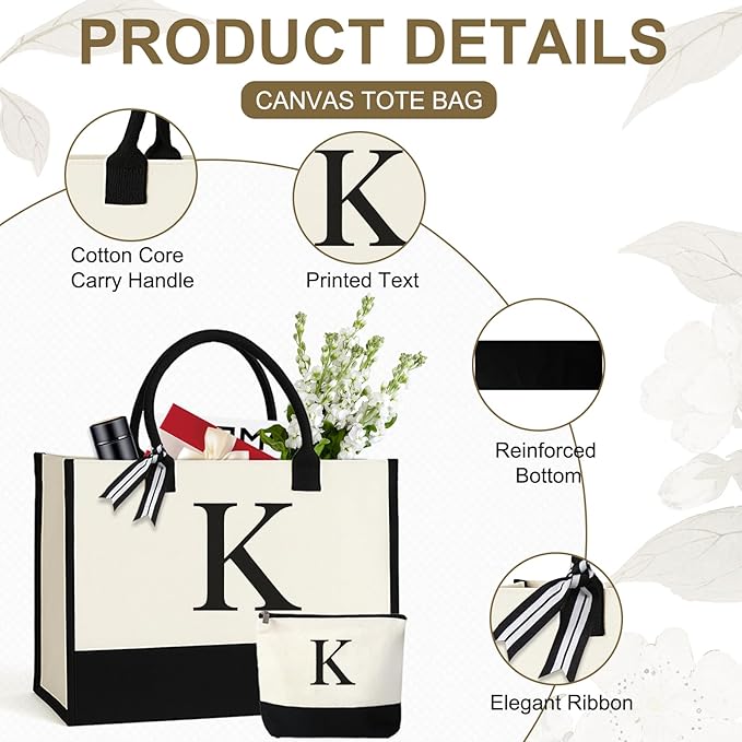 Personalized Canvas Tote Bag for Women Makeup Pouch Initial Beach Bag Removable Bottom Board for Travel Birthday