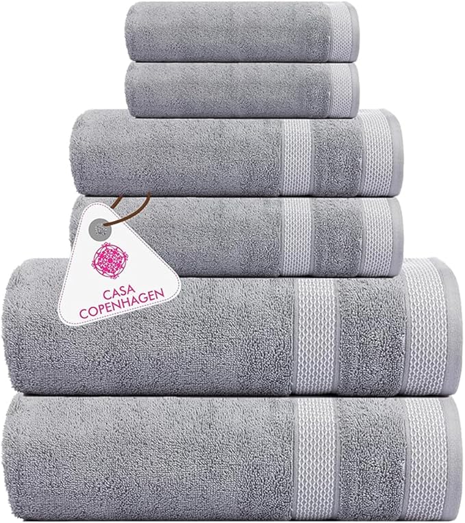 CASA COPENHAGEN Solitaire 6Pcs 100% Egyptian Cotton Large Designer Towels Gift Set- Grey Violet, 600GSM, 2Bath 2Hand 2Washcloths, Bath Towels for Bathroom Set for Women & Men