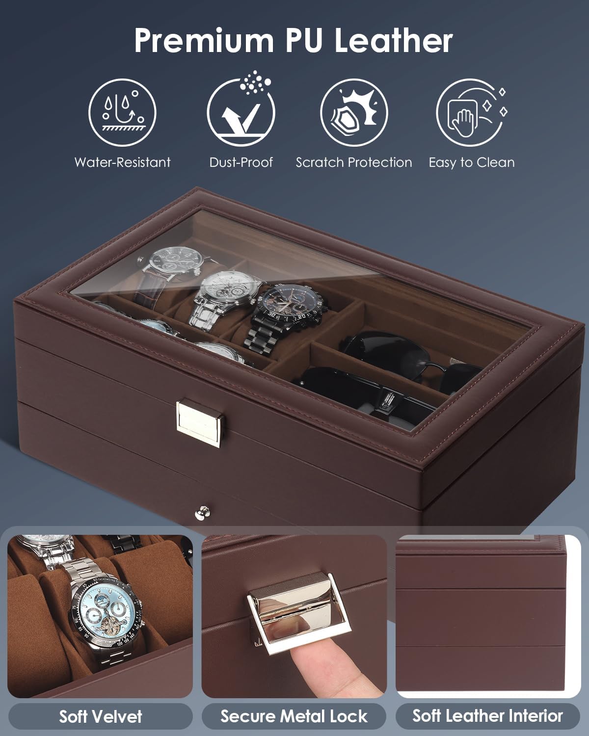 Watch Jewelry Box Organizer, 6-Slot 2-Layer Watch Case and Sunglasses Storage with Large Glass Lid, Men's Jewelry Box with Lock, Watch Holder Display Case, Gift for Men Women
