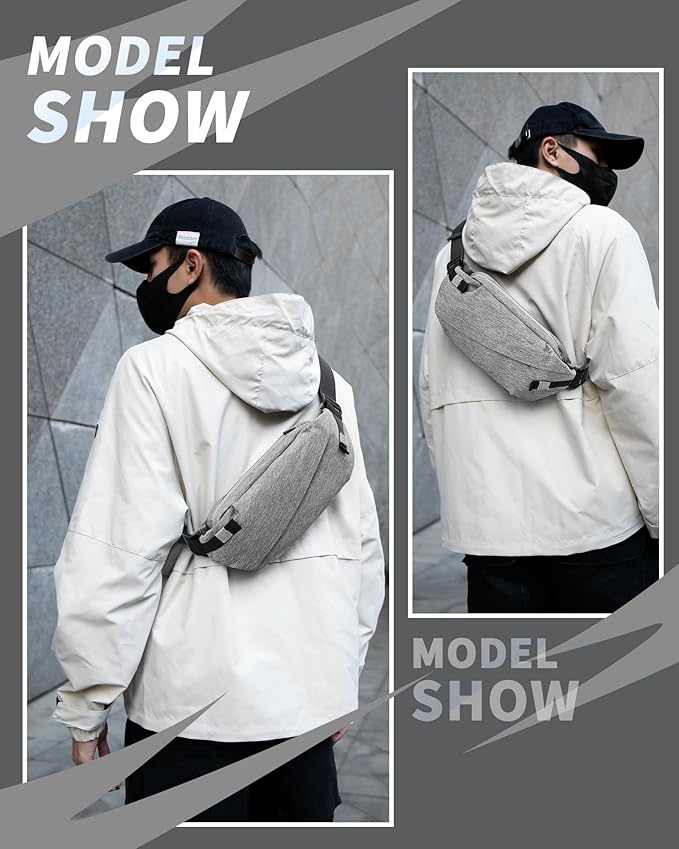 Fanny Pack for Mens Crossbody Bag, Sling Bag for Women Waist Packs Anti Theft Cross Body Belt Bags with Adjustable Strap for Running Sports Hiking Cycling Travel Walking - Grey
