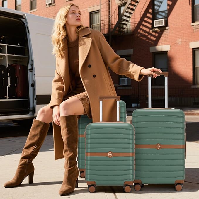 Kono Expandable 24 Inch Luggage with Spinner Wheels, Medium Checked Luggage with Lock, Lightweight & Anti-Scratch PC+ABS Hardshell Travel Suitcase, Green/Brown