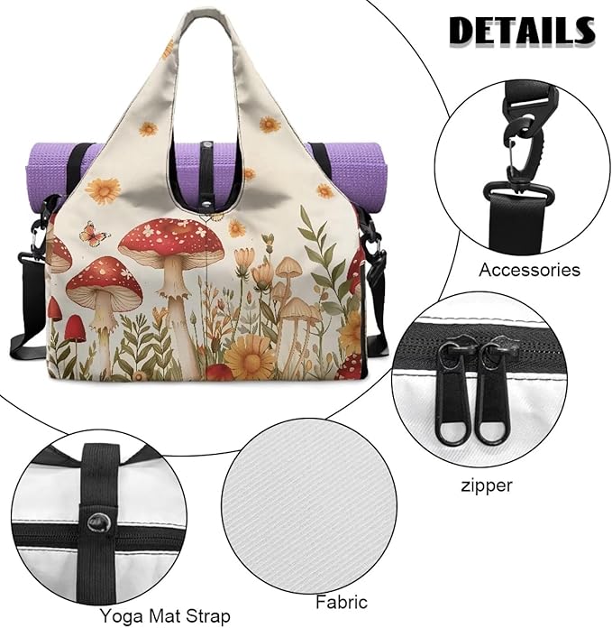Gym Bag with Yoga Mat Holder, Shoe Compartments, Mushroom Womens Gym Bag Double Zipper Lightweight Breathable Carry On Bag for Travel Work Gym