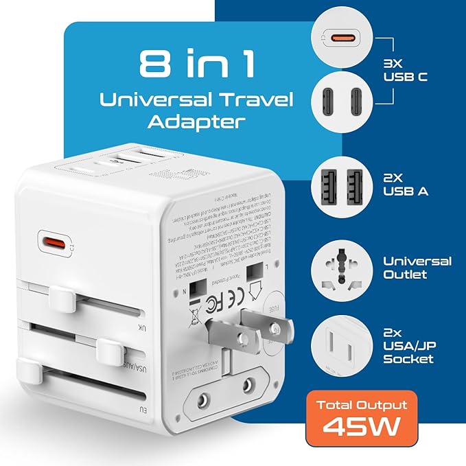 Ceptics Universal Travel Adapter for EU, UK, US, AU and More, 8 in 1 Travel Adapter, 2X US Socket, Universal Socket, 3X USB-C and 2X USB-A, 45W Fast Charge – UP-30KU-WH
