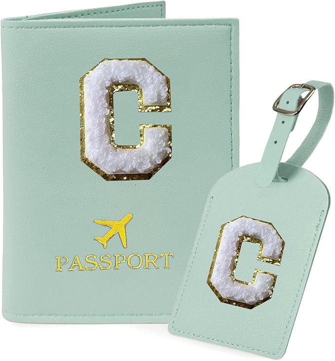 COSHAYSOO Green Passport Cover Holder and Initial Luggage Tag Set TSA Approved with Personalized Monogram Chenille Letter Patch for Women Teen Girls Couples, Preppy Travel Bag Suitcase Identifier (C)