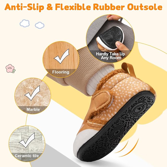 JOINFREE Toddler Slippers Boys Girls Adjustable House Shoes Barefoot Sock Shoes with Rubber Sole Baby Comfort Warm Indoor Outdoor Walking Shoe