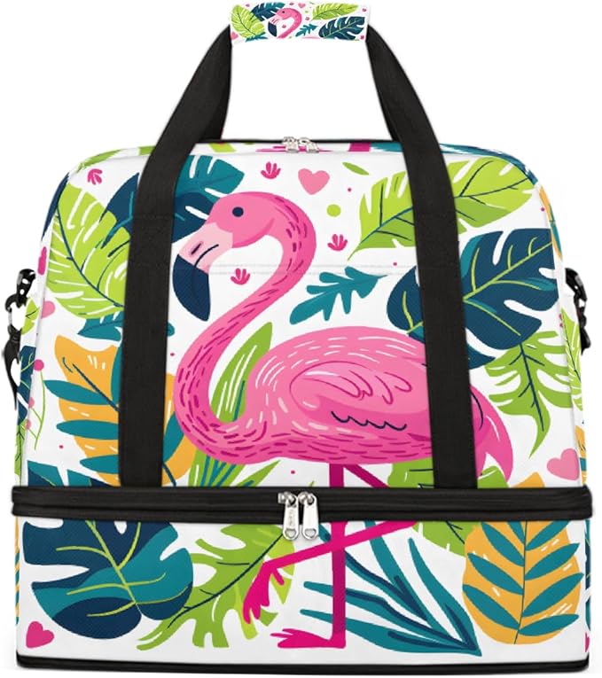 Pink Flamingo Tropical Leaves Large Weekender Bag with Shoe Compartment Travel Duffel Bags for Women Carry On Hospital Overnight Bag Foldable Personal Item Travel Bags Tote Gym Sports Airplanes