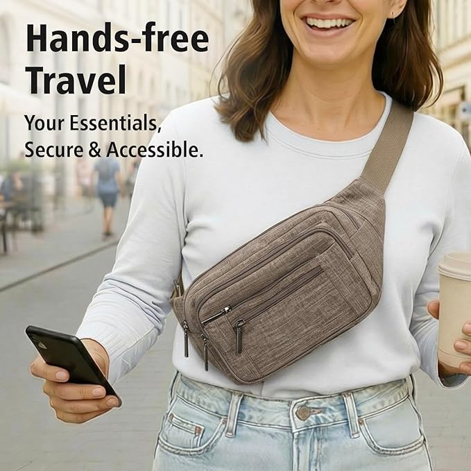 Packism Fanny Packs for Women Men - 6 Pockets Large Crossbody Waist Bag with Adjustable Strap Belt Bag for Travel Running Hiking