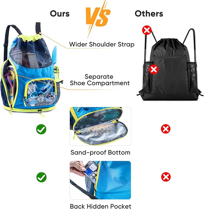 Drawstring Backpack Sandproof - Mesh Backpack Beach Bag with Shoe Compartment - Swim Bag for Beach, Pool - Pool Bag with Pockets for Toiletries - Wet Bag for Swimsuit - Summer Camp Essentials