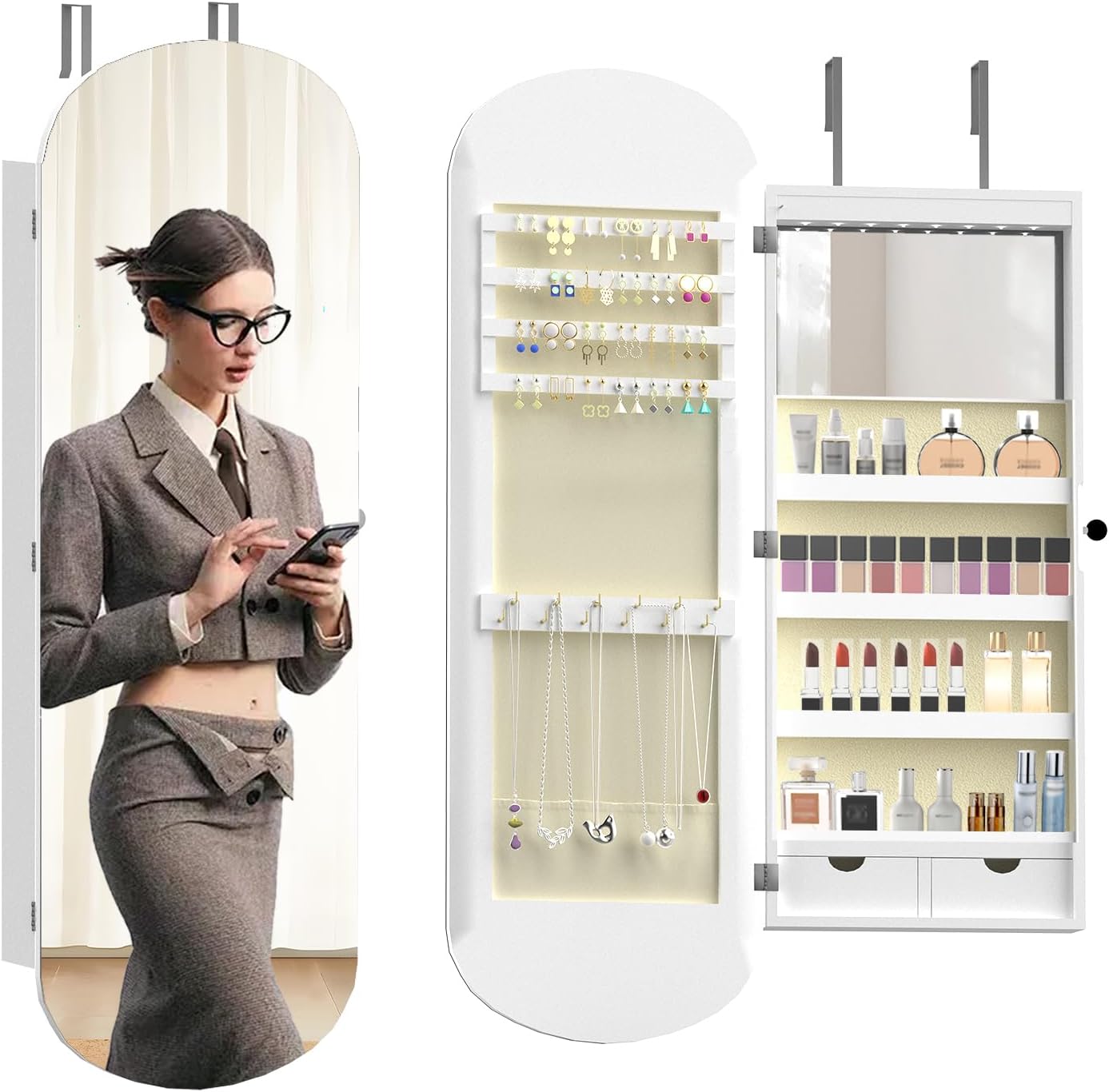 RQZ 8 LEDs Mirror Jewelry Cabinet, Rounded Wide Jewelry Armoire Organizer, Wall or Door Mounted Lockable Jewelry Storage with Interior Mirror, 2 Drawers (43.7" H)