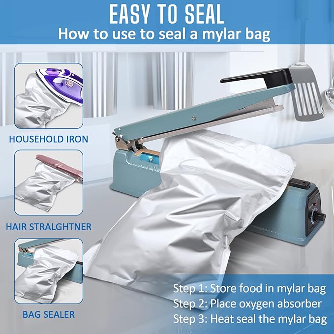 100 Pack Mylar Bags for Food Storage with 100x300cc Oxygen Absorbers - 9 Mil 10"x14", 9Mil 6"x9", 9Mil 4.3"x6.3" - Resealable Bags for Packaging Products & Ziplock Food Grade Bag for Storage