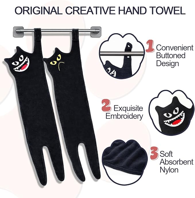 Cute Hand Towels - Funny Super Absorbent Dish Towels, Decorative Cat Shaped Towels for Bathroom, Kitchen, Living Room, Party - Black Cotton