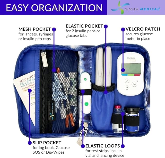 Sugar Medical Diabetes Supply Case | Medical Supplies Travel Bag | Glucose Meter Organizer | Diabetic Care Products | Glucometer Kit (Blue Tie Dye)