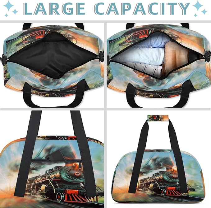 Travel Duffle Bag, Vintage Steam Train Waterproof Weekender Overnight Bags for Women Men Lightweight Carry on Duffle Gym Bag for Travel, Sports, Fitness, Workout