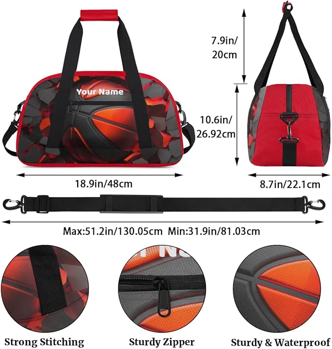 Custom Gym Bag Red Black Soccer Personalized Outdoor Sports, Travel Carry-On Luggage and Dance Practice Designed Specifically for Boys and Girls