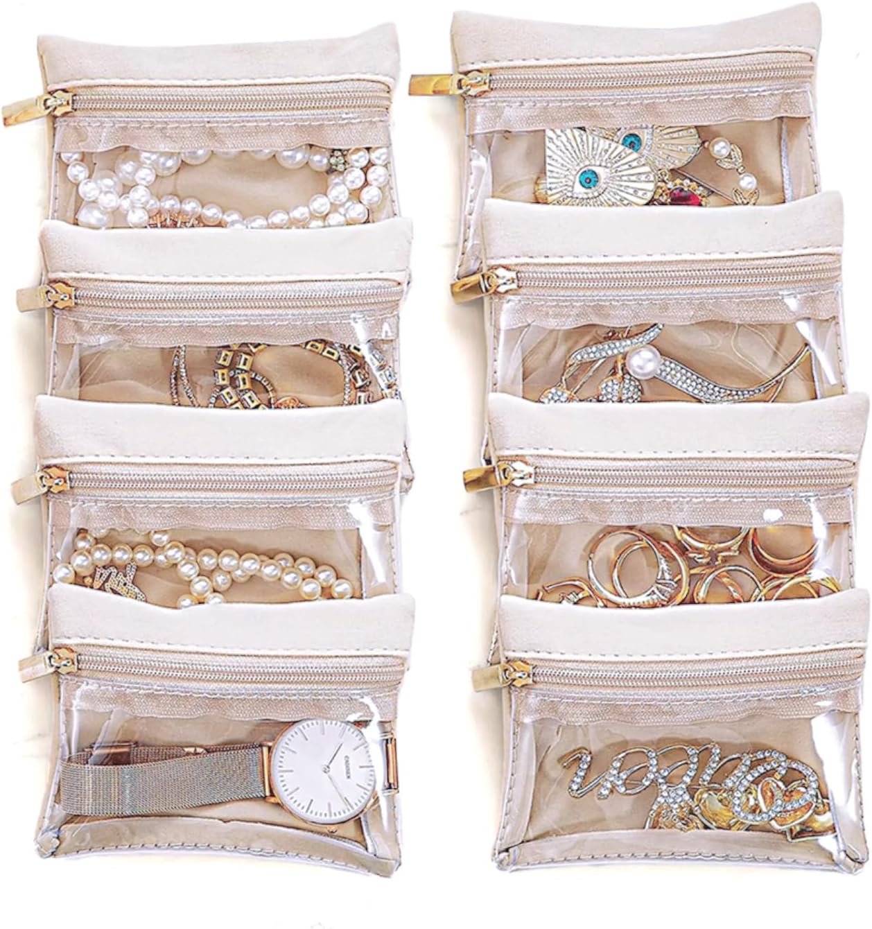 Travel Jewelry Organizer, 8 Pcs Velvet Jewelry Pouch Bag with Zipper Pocket, for Earrings, Necklace,Rings